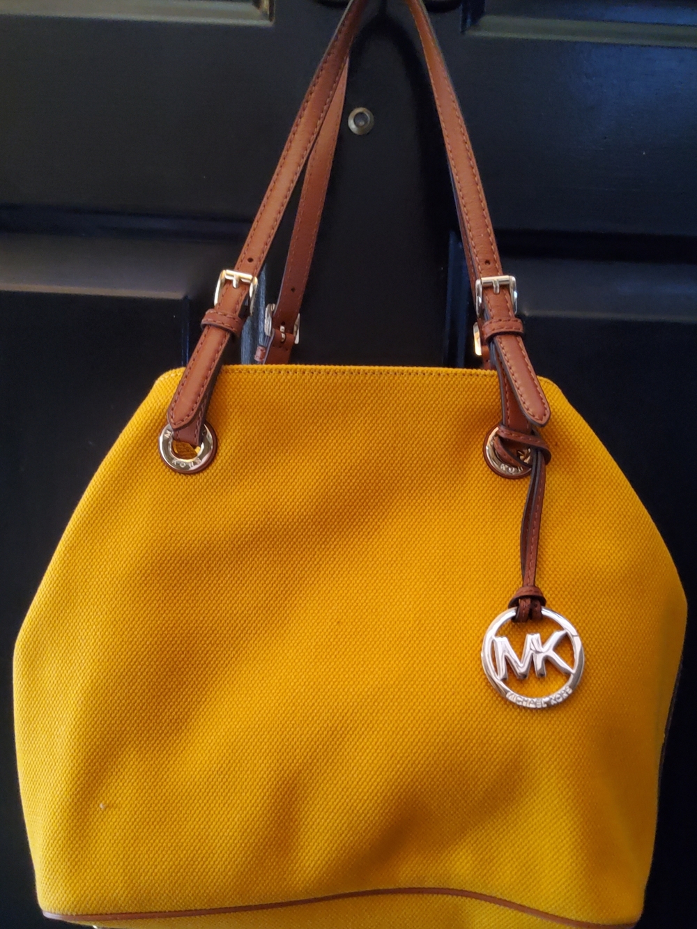 Michael Kors Yellow Canvas Tote with Brown Leather Handles